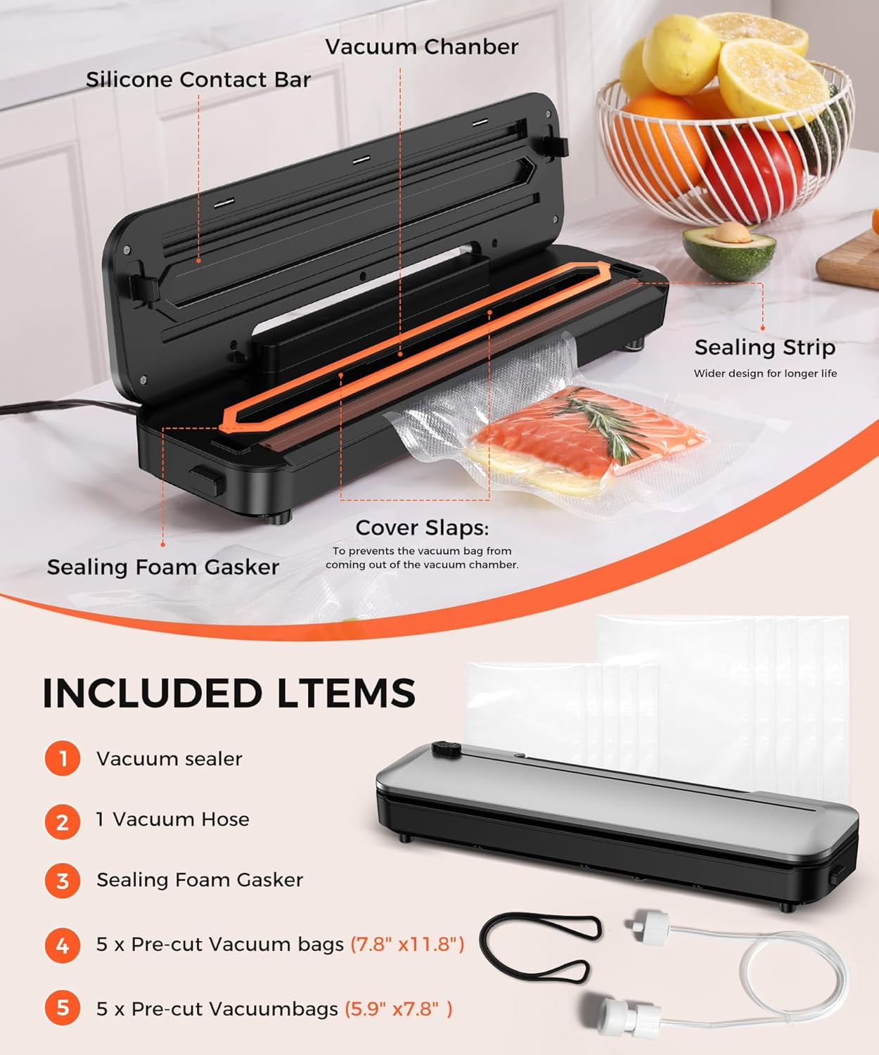 Vacuum Sealer Machine,75Kpa Precision Suction Power 6-in-1 Food Sealer with Digital Timer, Dry & Moist Food Modes, Compact Design with 10 Vacuum Bags & Bulit-in Cutter