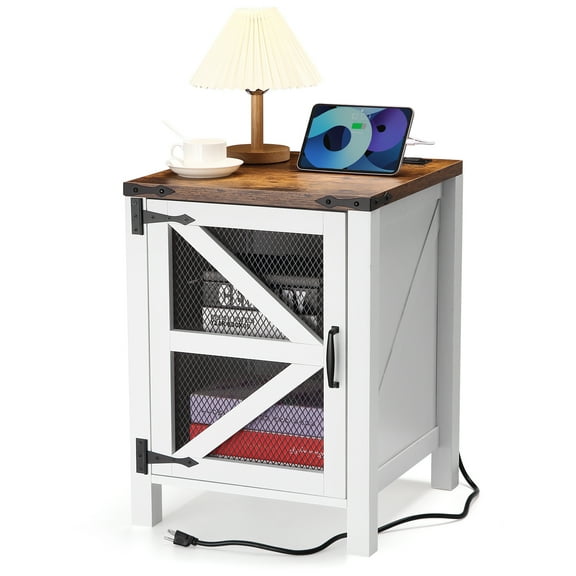 Garvee Farmhouse End Table, 18" Rustic Nightstand with Charging Station Barn Door and Adjustable Storage Shelf, Wood Night Stand Sofa Side Table for Living Room Bedroom
