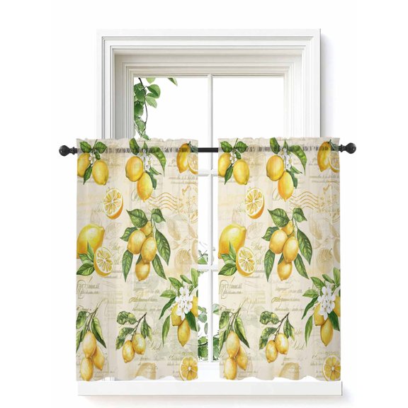 Yellow Lemons Tier Curtains 45 Inch Length,Sheer Curtains for Bedroom Living Room,Summer Botanical Fruit Leaves Country Rod Pocket Voile Drapes Kitchen Curtains Small Half Window 27.5"x45" 2 Panels