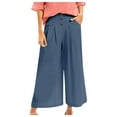 thumbnail image 3 of vigerkar Women's Cotton Linen Culottes Pants Elastic Waist Wide Leg Palazzo Trousers Capri Pant Blue, M, 3 of 7