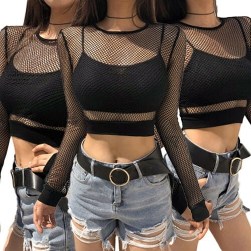 Women's Mesh Long Sleeve Tops - Sheer See Through Tee Top Casual Club Party  T Shirts BlackD XS at  Women's Clothing store