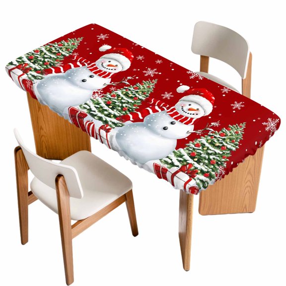 Red Christmas Table Cloths for 4 Foot Rectangle Tables, Snowman Snowflake Xmas Tree Gifts Patio Waterproof Elastic Fitted Tablecloths, Washable Rectangular Table Cover for Camping