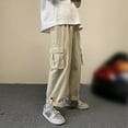 thumbnail image 3 of Men Solid Cargo Pants Straight Cylinder Loose Leg Waist Drawcord Street Trousers, 3 of 11
