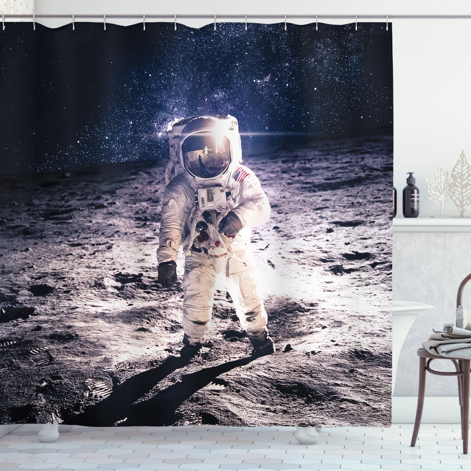 Dark Starry Night Moon Lunar Eclipse Waterproof Polyester Shower Curtain Set 72"