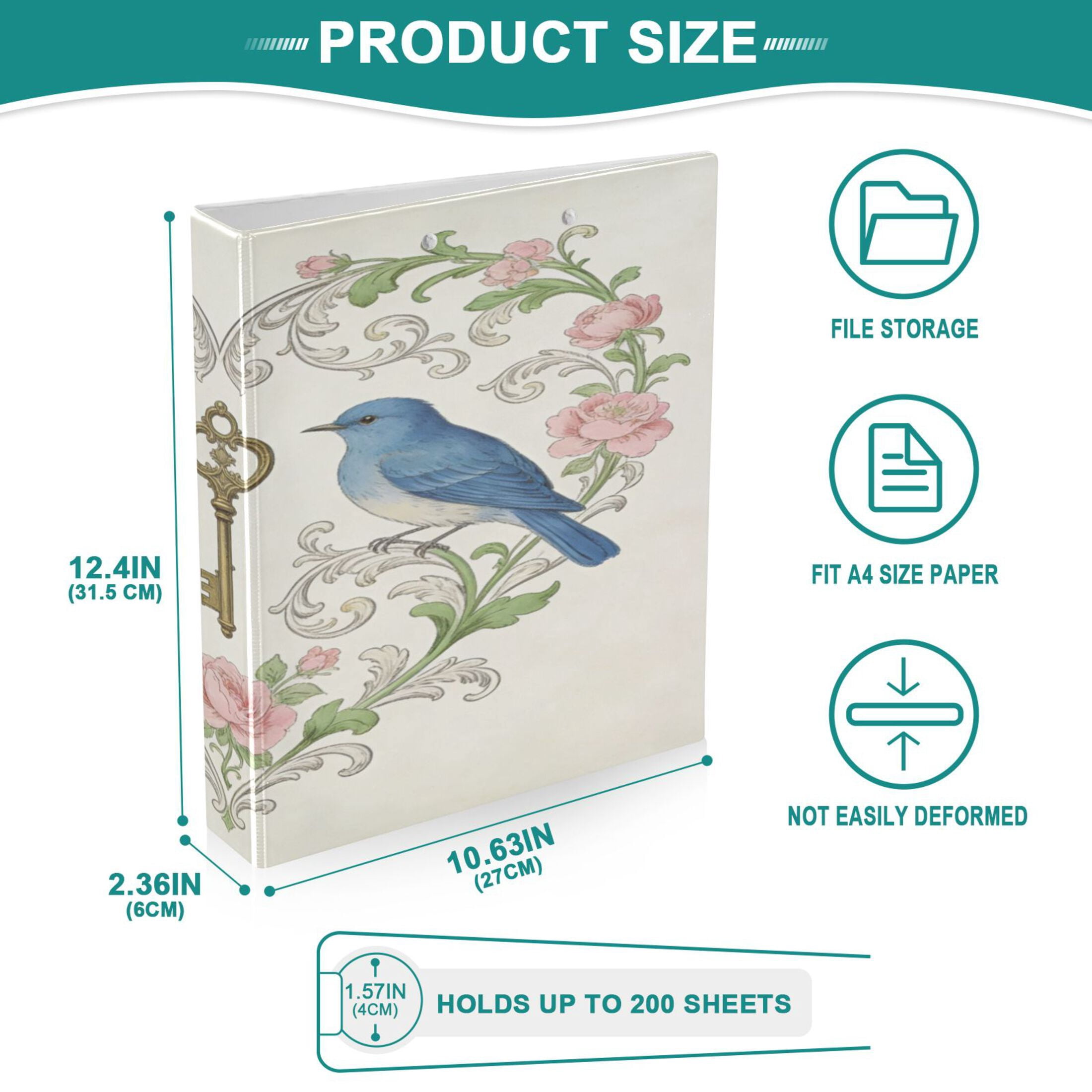 2 Pack PVC Round Ring Binders, 200 Sheet Capacity D-Ring File Folder with Metal Clip and Clear Pocket Flower and Bird Keychain
