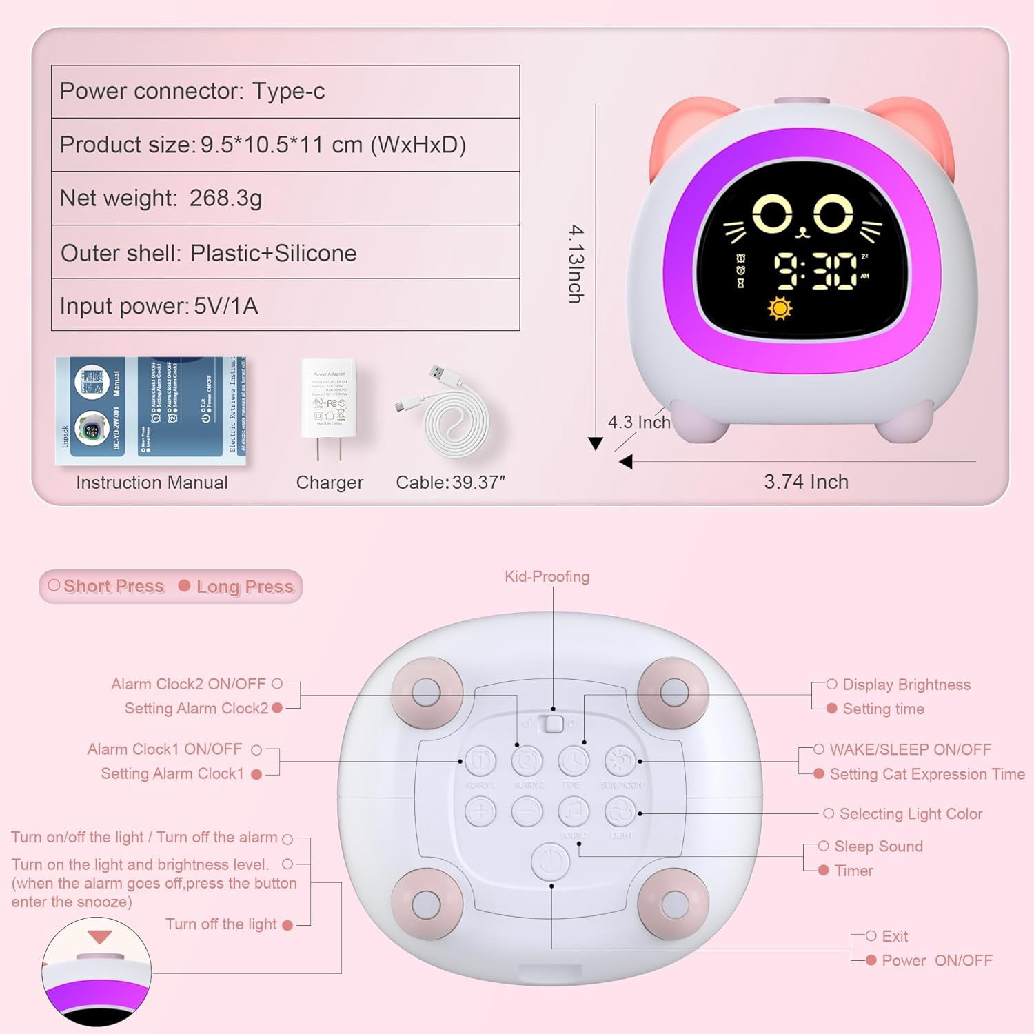 Sailstar Kids Alarm Clock with OK to Wake Light, Sleep Trainer and Dual Alarm, Pink Cat Design