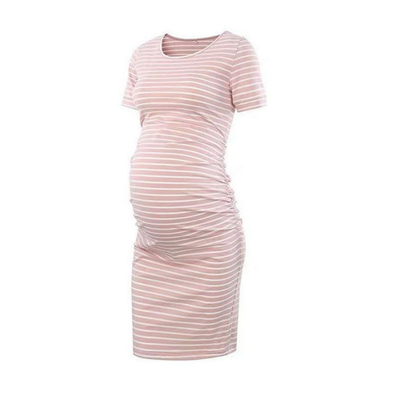Efsteb Women Short Sleeve Maternity Nursing Dress Casual Round Neck Bodycon Pregnancy  Dresses Stretchy Comfy Striped Maternity ClothesPink,S - Walmart.com