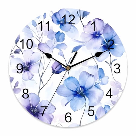 12 Inch Purple Blue Wall Clock, Gradient Flowers Pansy Watercolor Botanical Battery Operated Silent Non Ticking Clocks, Easy to Read Round Wall Clock for Kitchen/Living Room/Bedroom/Bathroom