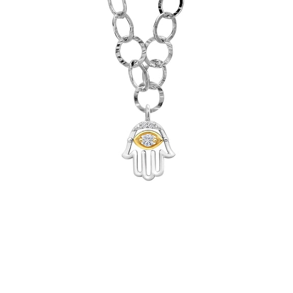 Gem Stone King Made in Italy 925 Silver and 10K Yellow Gold Lab Grown Diamond Round Link Chain Necklace for Women with Hamsa Charm Set with Moissanite