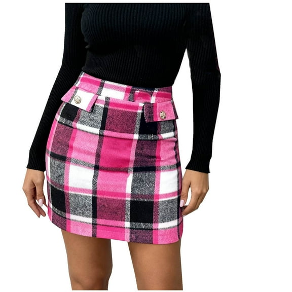 Busydd Women's Skirts Trendy Zipper Plaid Skirts for Women Casual Button Mini Skirt High Waisted Skirts for Women 2XL