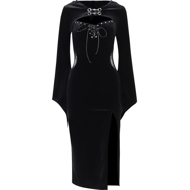 CHUNGLO Vestido Largo Gótico Traje Con Sombrero Transparente Terciopelo Encaje Recorte Abertura Alta Manga Larga Botón Fiesta Smock Vestidos De Halloween Para Mujer
