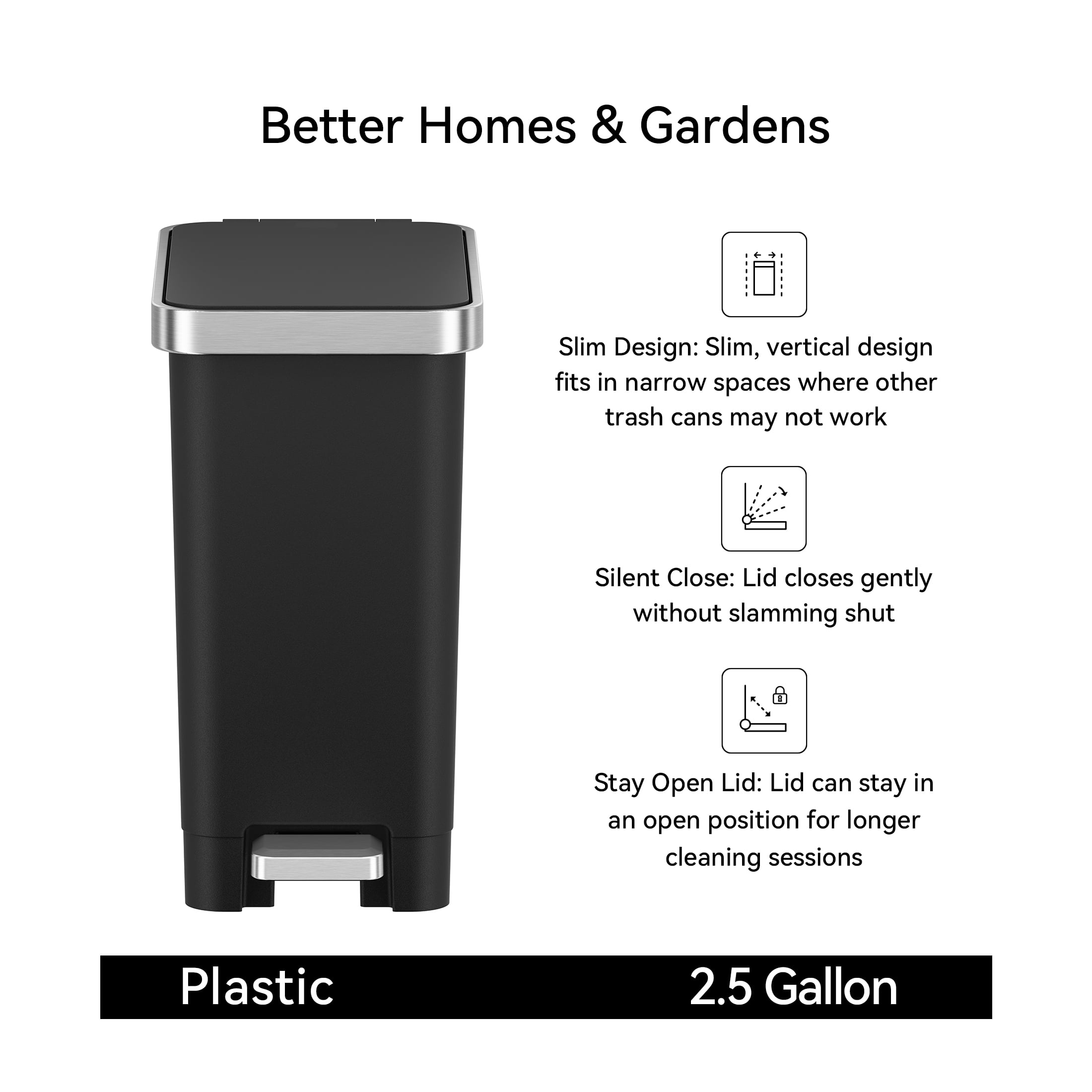 (2 pack) Better Homes & Gardens Bedroom / Office Trash Can, 2.5 Gallon Small Plastic Step Garbage Bucket Bin with Soft Close Lid, Black