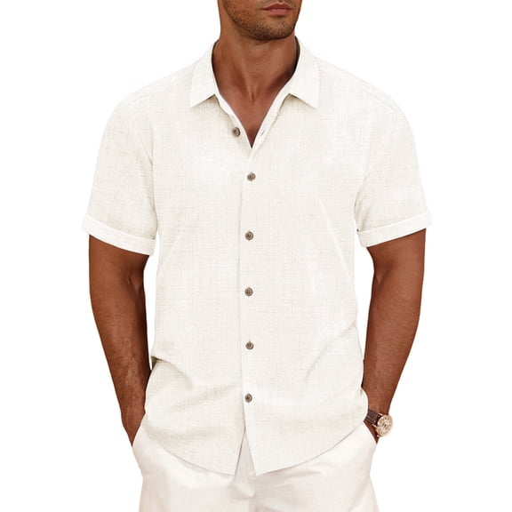 Whoinshop Linen Blend Shirts for Men Casual Short Sleeve Button Down Shirt Cool Summer Beach Wedding Vacation Tops