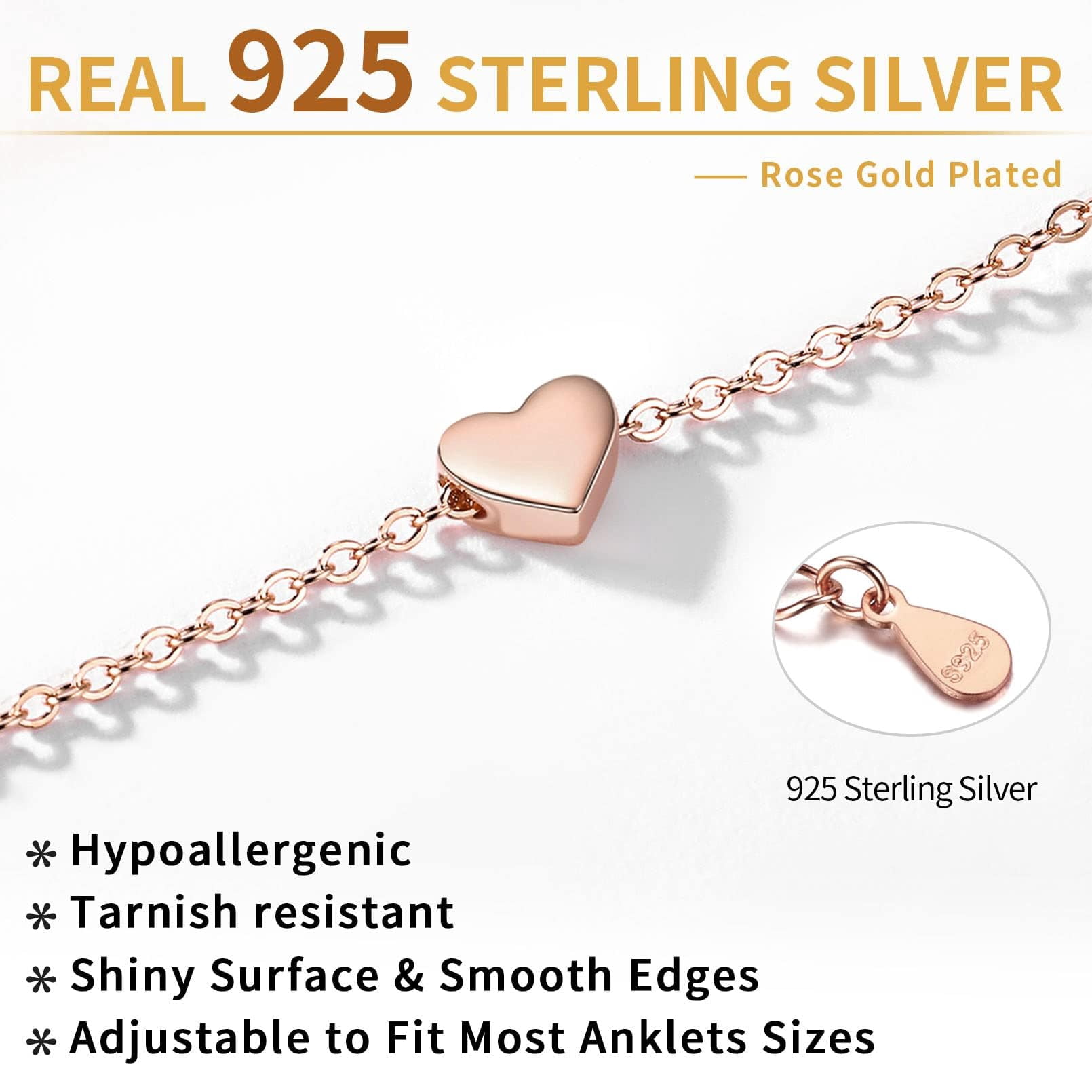 ChicSilver Anklets for Women S925 Sterling Silver Heart Pendant Ankle Chain Summer Beach Jewelry Ladies Fashion Anklet Waterproof