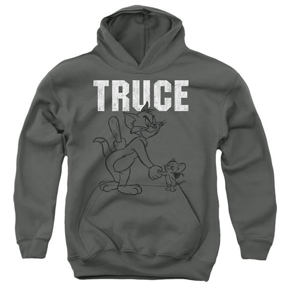 Tom And Jerry Truce Kids Pull-Over Hoodie (Small) for Youth Boys and Girls, Charcoal