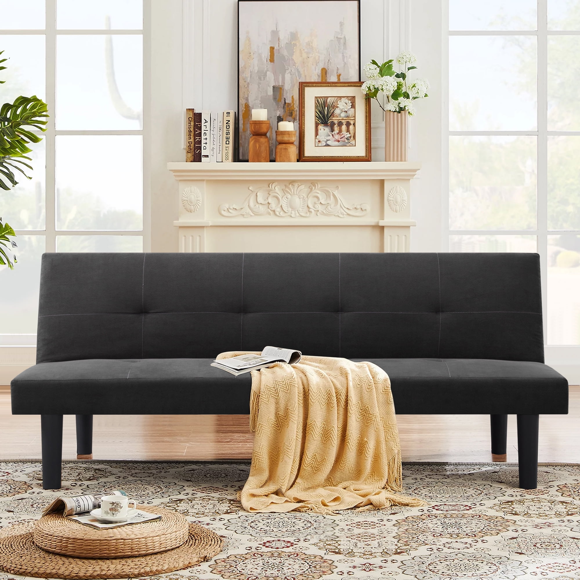 70" Futon Sofa Bed,Faux Suede Convertible Sleeper Sofa,Upholstered Folding Futon Couch with 3 Adjustable Backrest Angles,Twin Size Sofa for Small Space,Apartment,Living Room,Dark Gray
