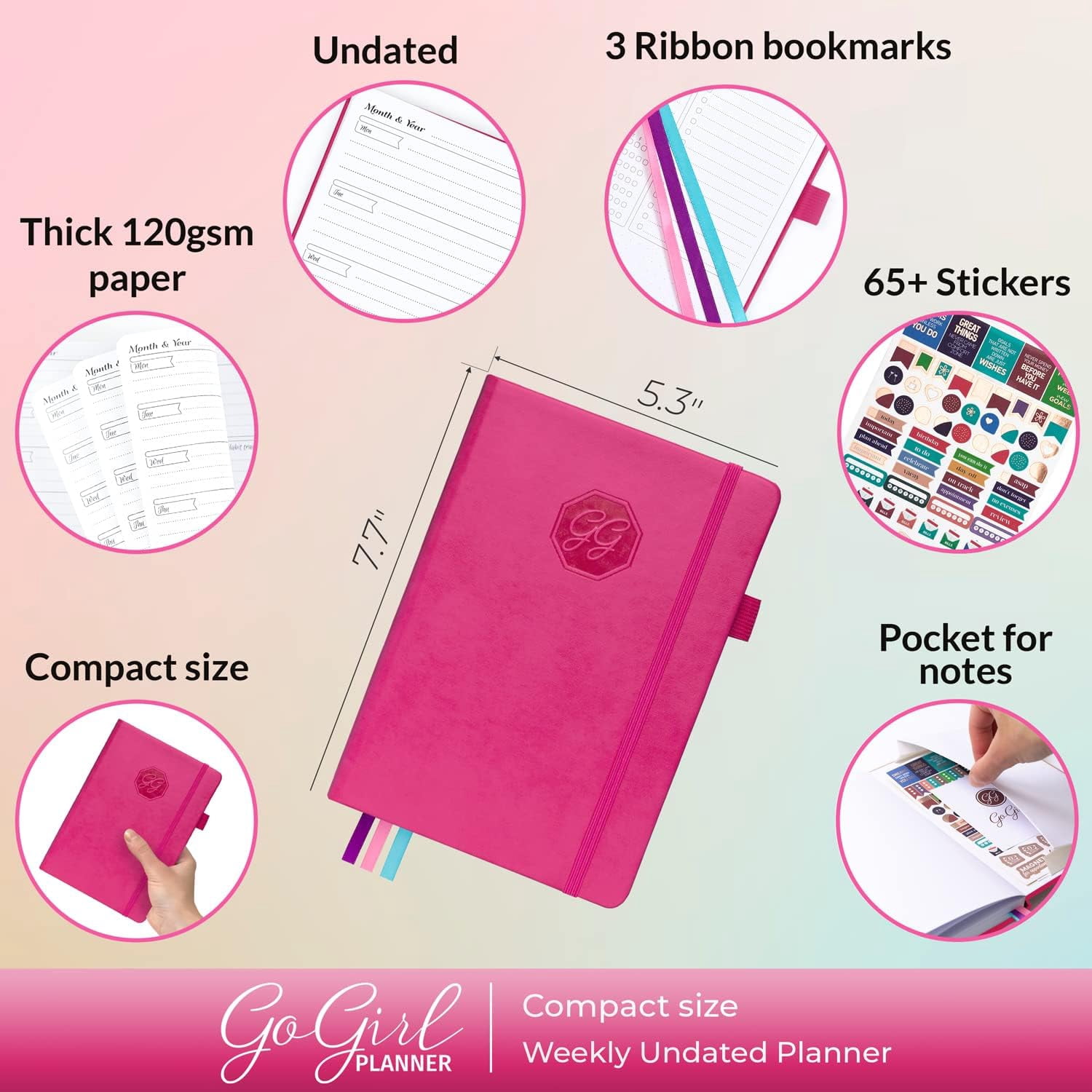 Planner and Organizer for Women – Compact Size Weekly Planner, Goals Journal & Agenda to Improve Time Management, Productivity Live Happier. Undated Start Anytime, Lasts 1 Year Hot Pink