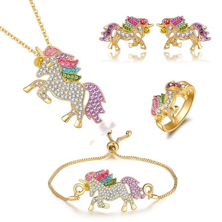Raypadula 1 Set Crystal Unicorn Jewelry Set Cute Rainbow Horse Silver Gold Necklace Bracelet Rings Earrings for Women Girls Jewelry