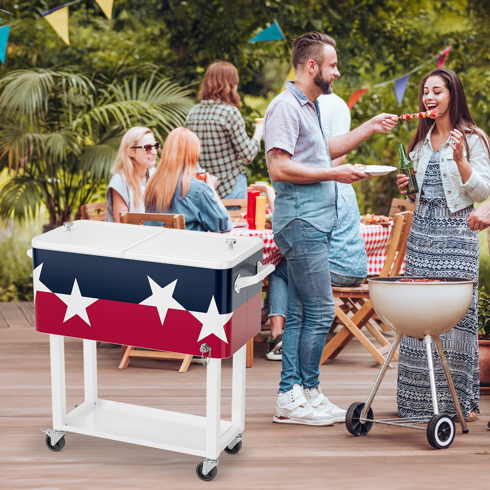 Ktaxon 80 Qt Rolling Ice Chest Cooler Cart Outdoor Trolley with Storage Shelf, Bottle Opener & Cap Collector for 48 Hour Cold Drinks, Large Five-pointed Star