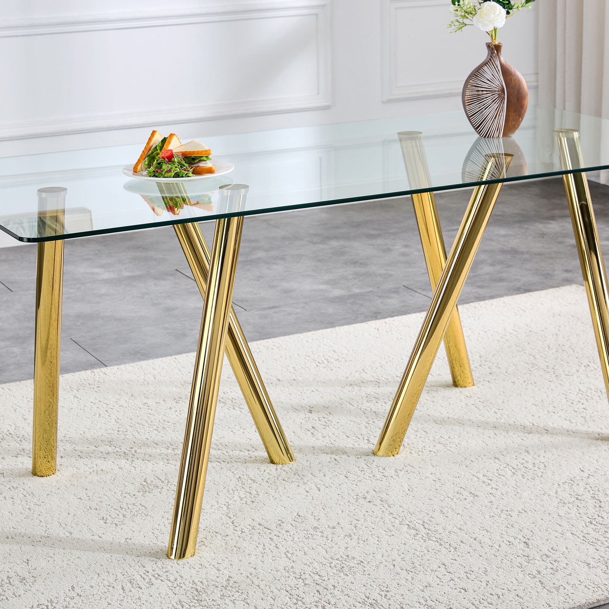 Alvantor 71" Tempered Glass Dining Table with Gold Metal Legs