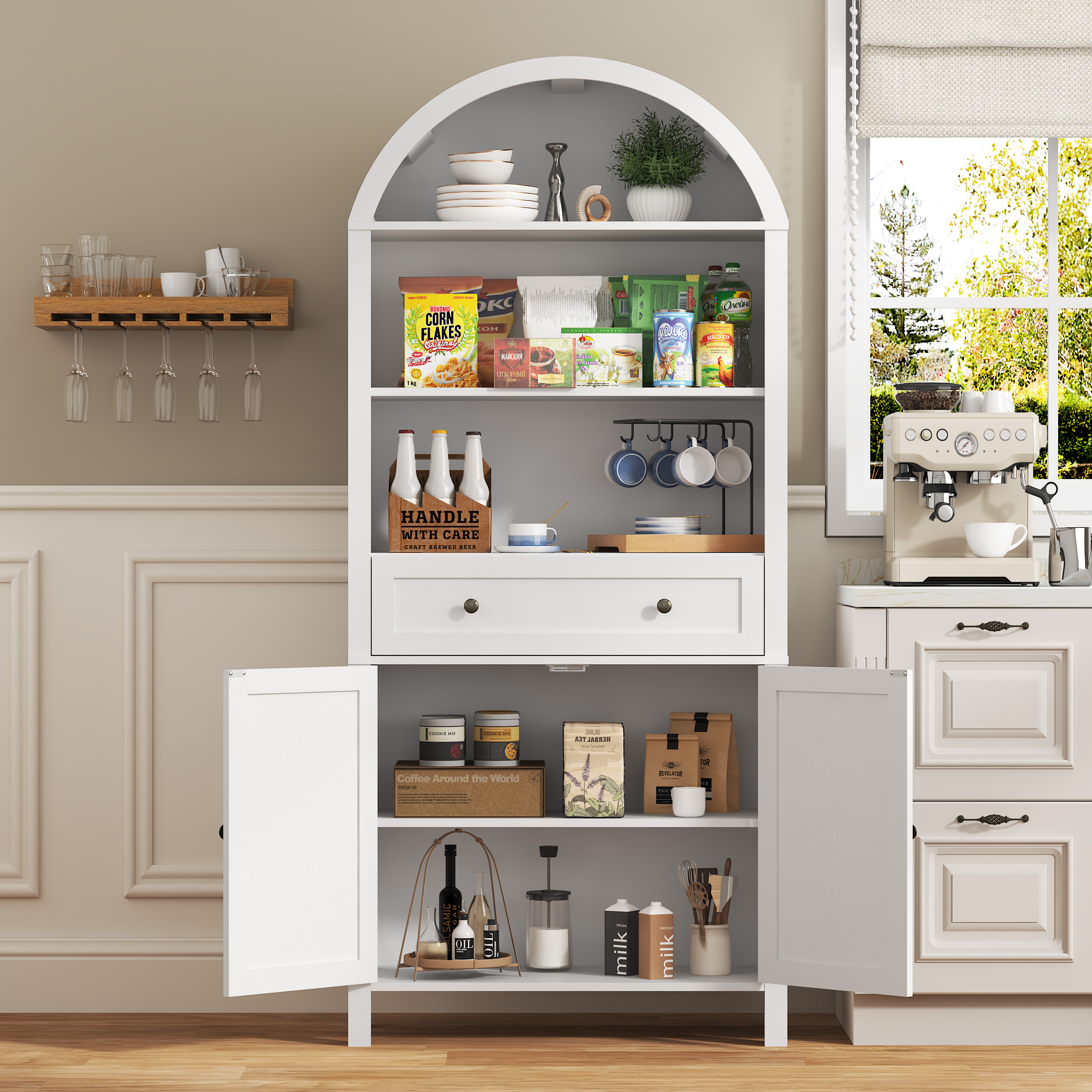 Arched Cabinet with Doors, 71" Tall Freestanding Pantry Cabinet with Large Drawer and 3 Tier Open Shelves, Farmhouse Wood Storage Cabinets, Versatile Cupboard for Kitchen and Dining Room, White