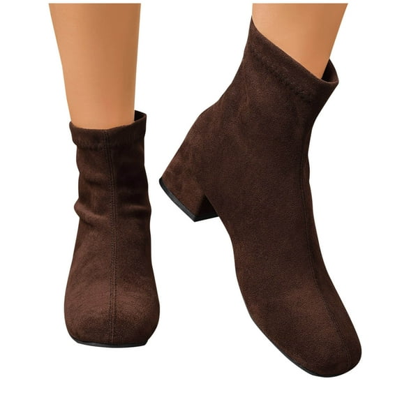 Xfvqtps Womens Suede Ankle Boots Fashion Square Toe Boots with Block Heel Back Zipper Comfortable Low Heel Boots for Fall Winter Brown