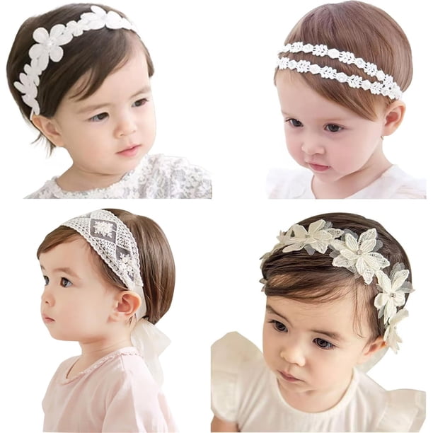 Piezas Diadema de Encaje Suave con Nudo de Lazo, Pequeño ángel Diademas y Lazos, Cintas para Niñas,Juego de diademas elásticas suaves para Diadema de Encaje, Princesa Accesorios (Blanco, 4)