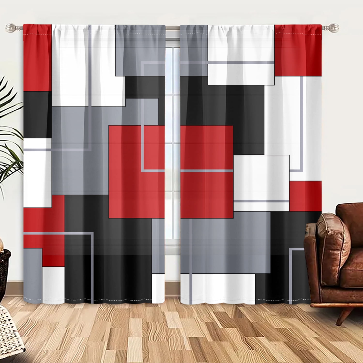 WNOOHIY Red White Black Plaid Patterned Window Curtains for Bedroom and Living Room, Set of 2 Panels