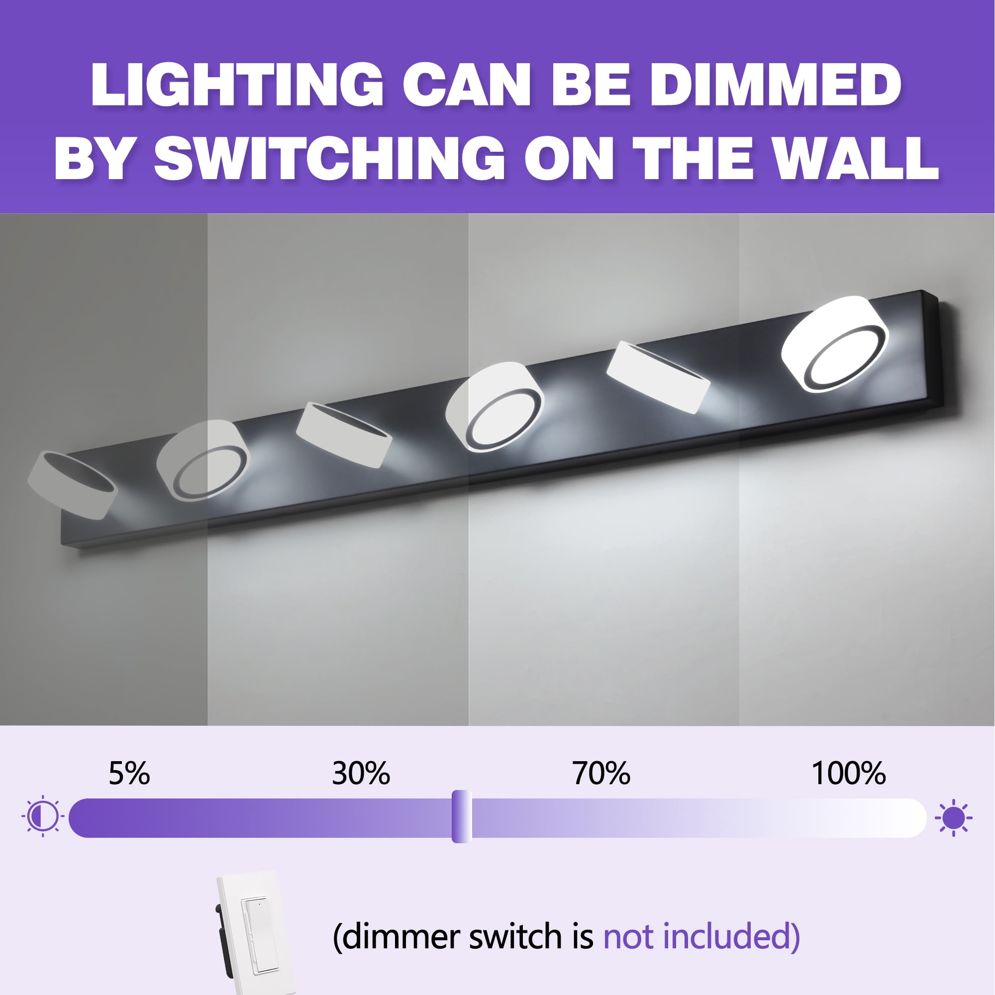 GCGAFUL 45 in. 6-Light Modern Black LED Vanity Light Bar with Acrylic Shades for Mirror, Shower, and Bathroom Decor