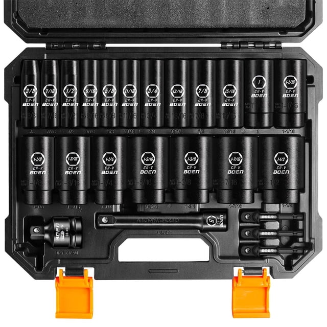 boen 1/2â Drive SAE Impact Socket Set, 3/8" to 1-1/2" Deep Socket, 6-Point Hex Socket with Portable Case, Rugged Construction, CR-V Steel, 24PCS