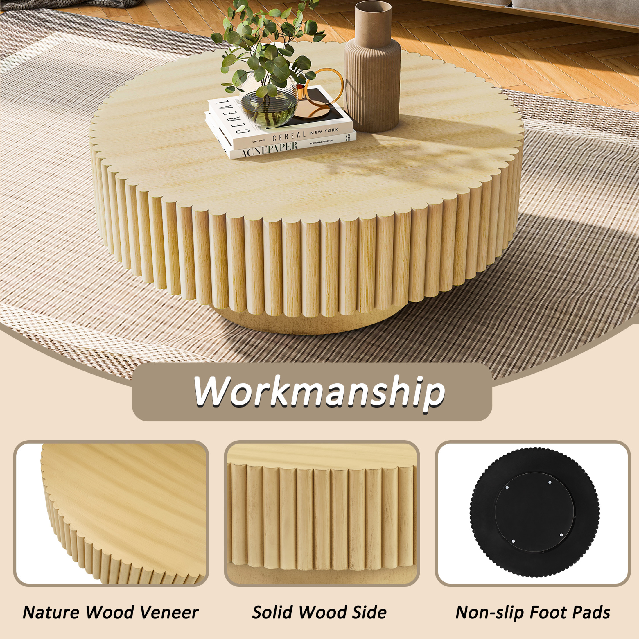 Noble House 31.5" Round Fluted Drum Coffee Table, Solid Wood Modern Center Table for Living Room, Natural