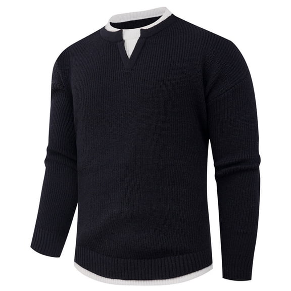 Men's Knit Pullover Sweater Notch Neck Long Sleeve Casual Ribbed Top