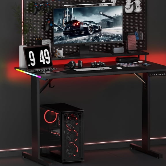MY Gaming Desk 55 Inch with LED Lights, Large Computer Desk with Mouse Pad for Home Office, T-Shaped Carbon Fibre Surface PC Game Workstations with Headphone Hook Light Black