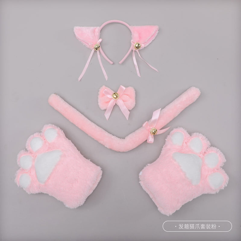 Faci Cat Cosplay Costume Kitten Tail Ears Collar Paws Gloves Anime Gothic Set（pink）