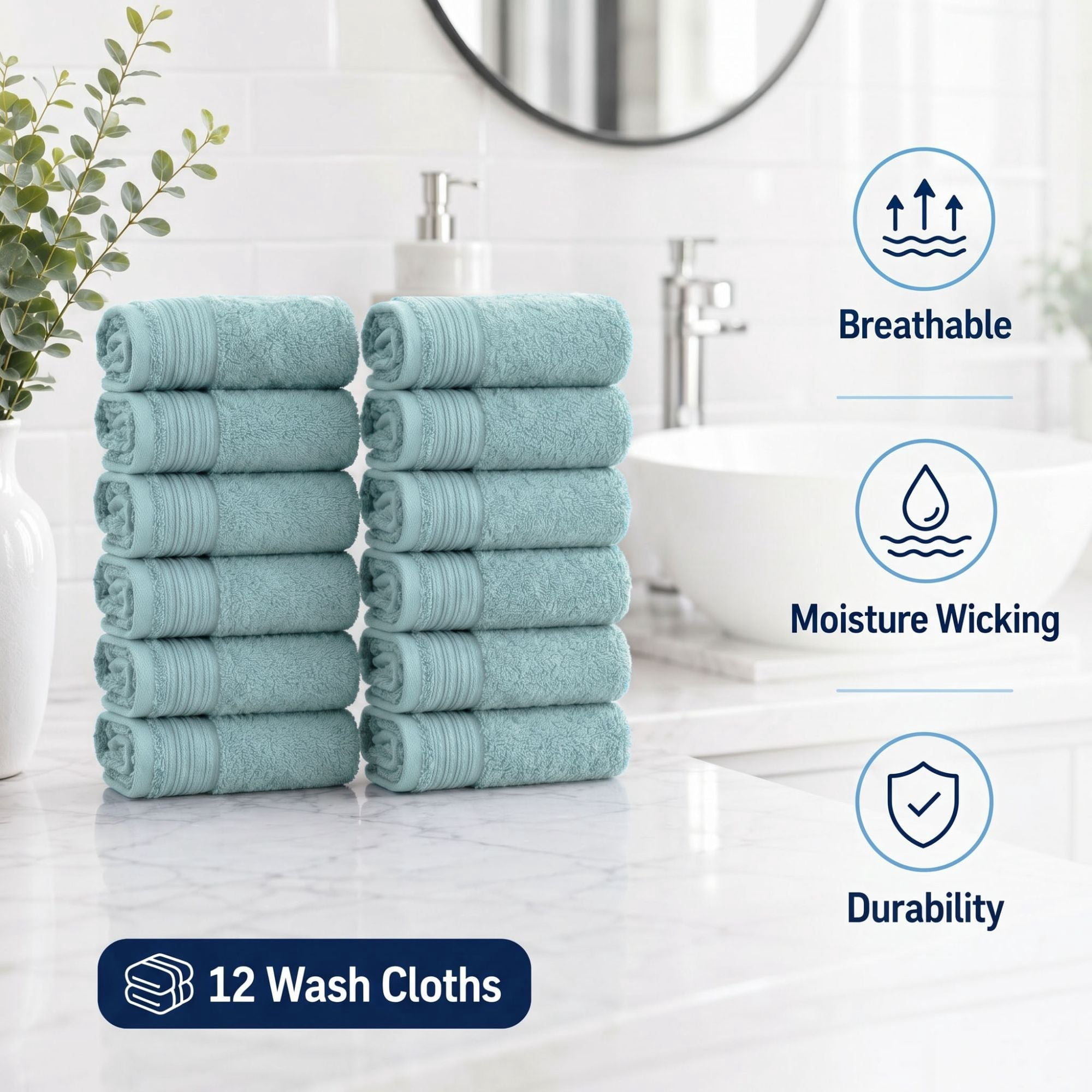 Superior Cotton Solid and Marble Hand Towel Set of 6, Cyan