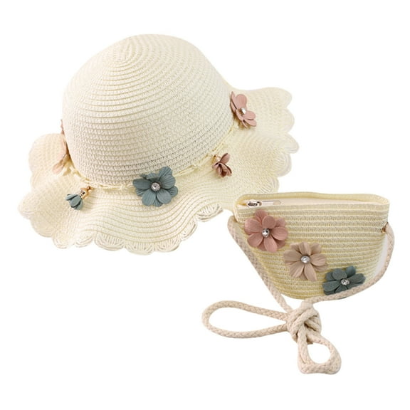 Huowey Baby Sun Hats Girls Straw Hat Purse Bag Set Wide Brim Flower Lovely Summer Beach Sun Hat Princess Shoulder Crossbody Bag Bucket Hats,White,One Size