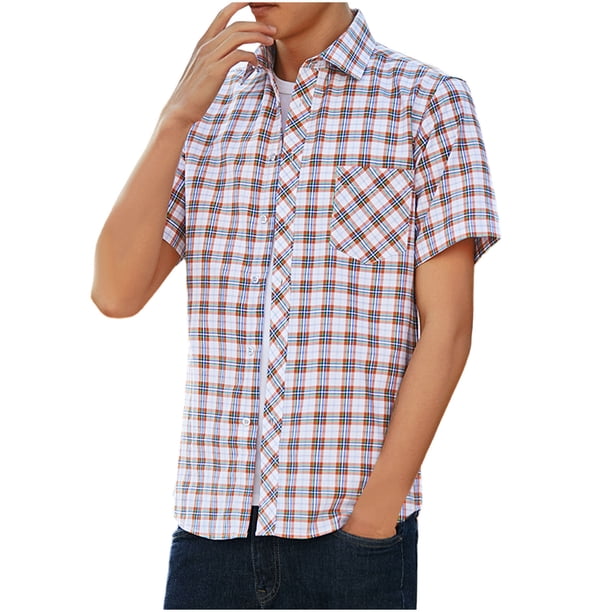 Blusa y camisa de manga corta con cuello vuelto para hombre, informal, a cuadros, con solapa y botones, de moda, de manga larga