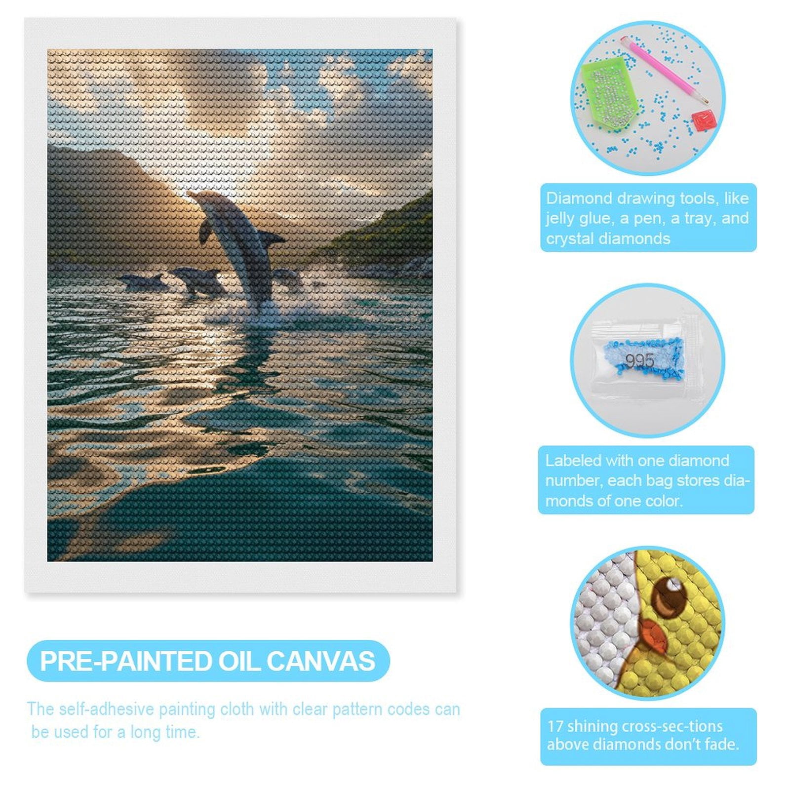 Diamond Art Kits for Adults - Dolphins Sunset Ocean Jumping Scenic 5d Diamond Painting for Adults, Diamond Art for Adults Beginners, Frameless Diamond Painting Kits for Adults for Home Wall Decor