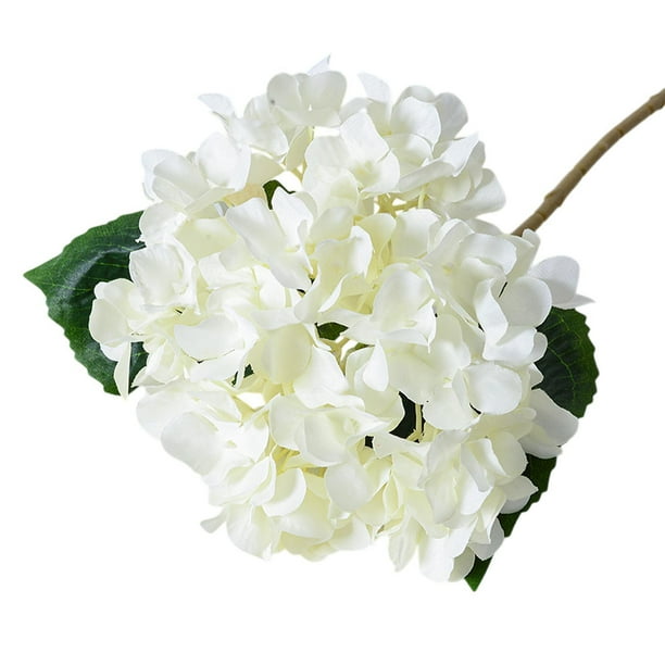 Arreglo floral de hortensias artificiales de tela de seda de 17,7 pulgadas con hojas verdes. Blanco