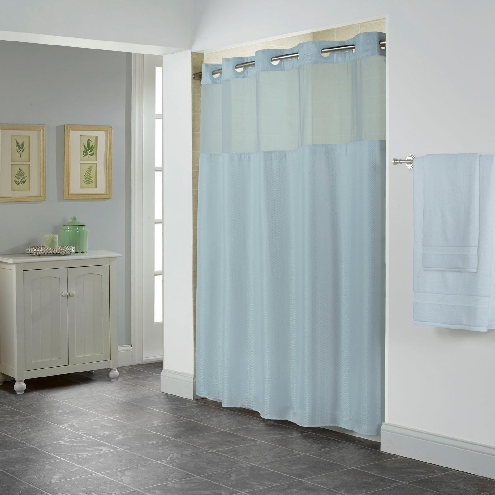 Hookless Crystal Blue Shiny Herringbone Polyester Shower Curtain