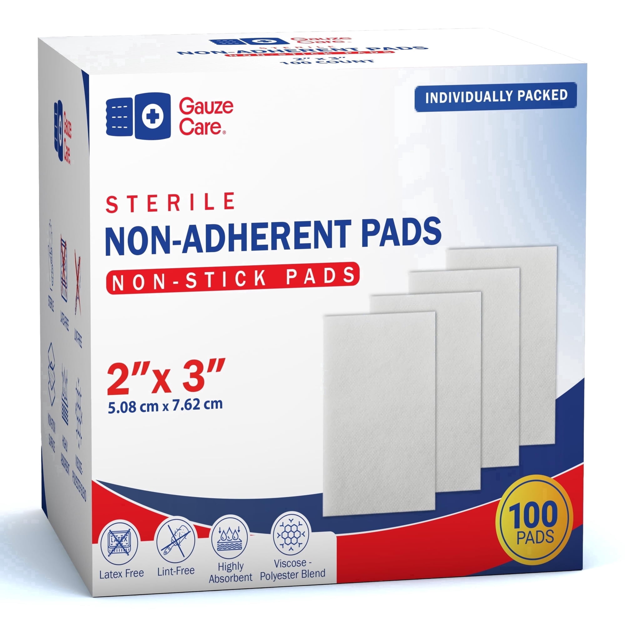 Gauze Care 2x3 Inch - Pack 100 Non-Stick Gauze Pads for Wounds, Non-Adherent, Highly Absorbent, Painless Removal, Individually Wrapped for Extra Protection (FSA/HSA Eligible)