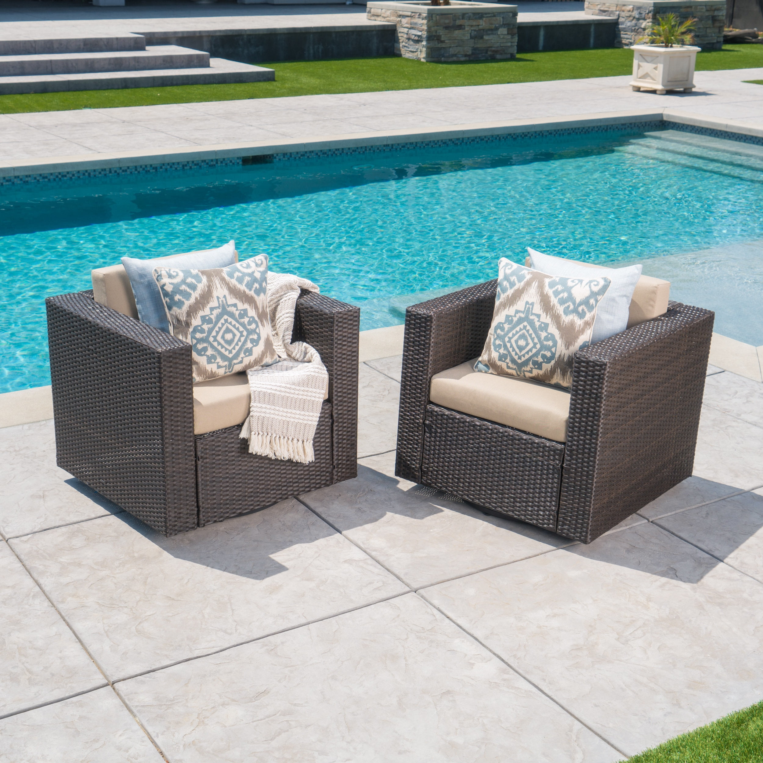 Cascada Outdoor Wicker Swivel Club Chairs with Cushions, Set of 2, Dark