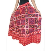 Mogul Women's Peasant Skirt Red Blue Ethnic Print Long Cotton Skirts