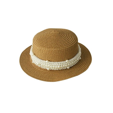 

Kids Girls Boater Straw Hat Outdoor Wide Brim Seaside Summer Beach Flat Top Sun Caps with Pearl Decors