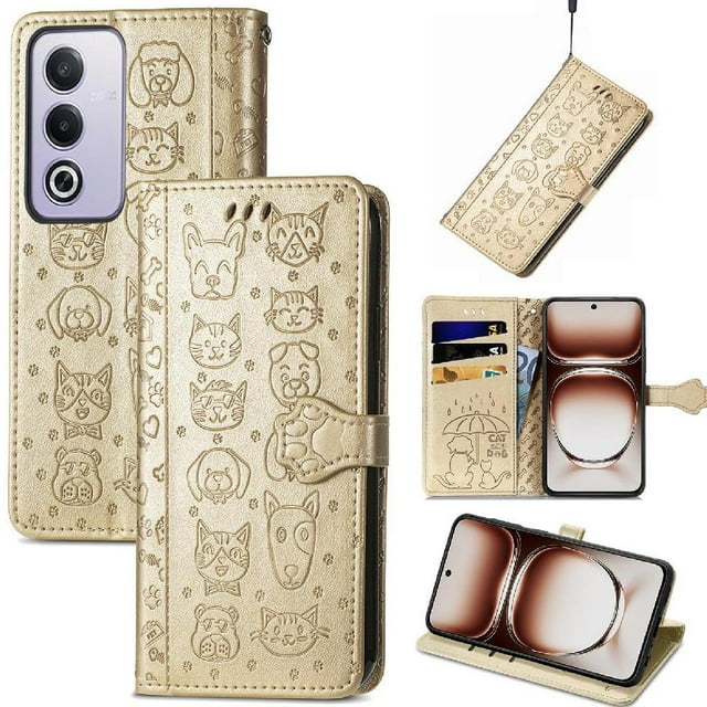 Funda Cartera FOXDOCK para OPPO A3 Pro , Flip PU con Relieve de Gatos y Perros, Tarjetero y Soporte