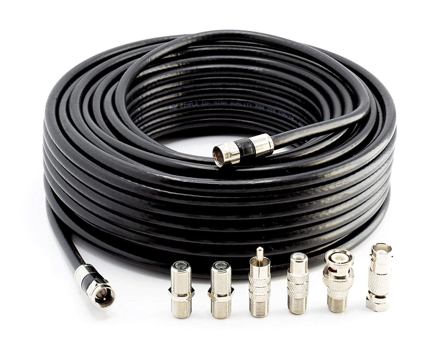 THE CIMPLE CO - 100' RG6 Black & 6 Universal Coaxial Cable Connector Ends - F81 RCA BNC Adapters
