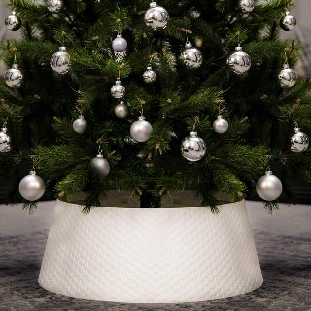 Collar para árbol de Navidad, nido de árbol, mimbre, plástico blanco