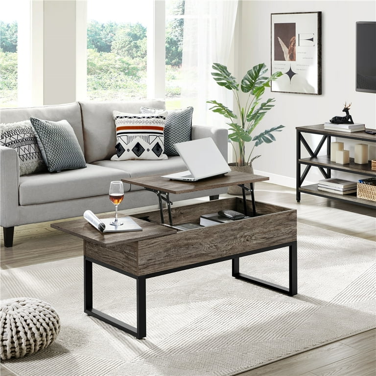 Alden Design Split Lift Top Rectangular Wood Coffee Table Small