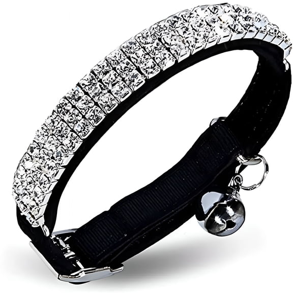 GASTROPOD Soft Velvet Safe Cat Adjustable Collar Bling Diamante with Bells, 11 inch for Small Dogs and Cats (Black)