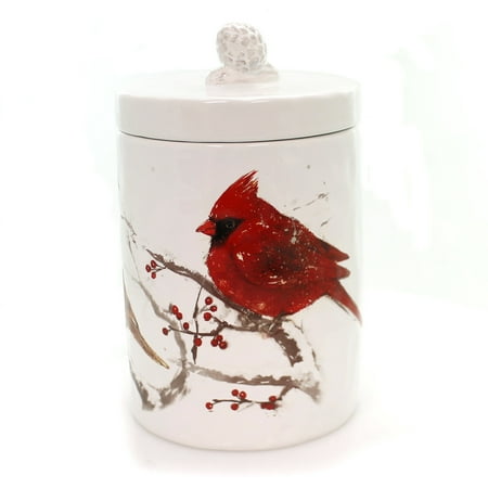 Tabletop WINTER CARDINALS COOKIE JAR Ceramic Christmas Birds Rubber Seal